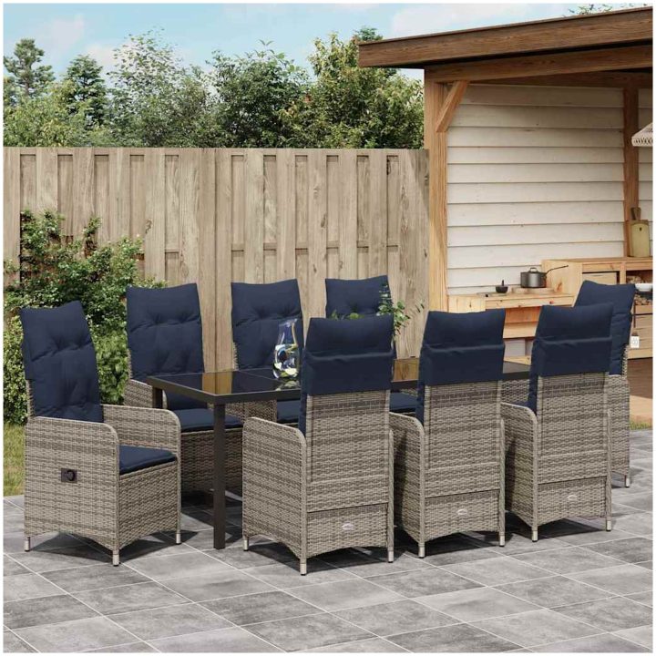 9-delars trädgårdsdining set med kuddar, svart poly rattan vidaXL 200 x 80 x 73 cm – bild 4