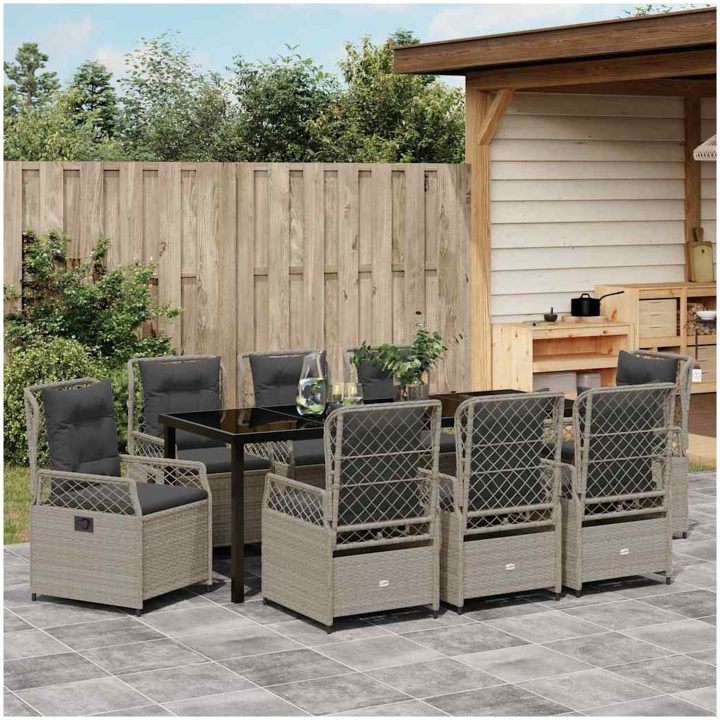 9-delars Trädgårdsduksats Ljusgrå Poly Rattan vidaXL 200 x 80 x 73 cm – bild 4