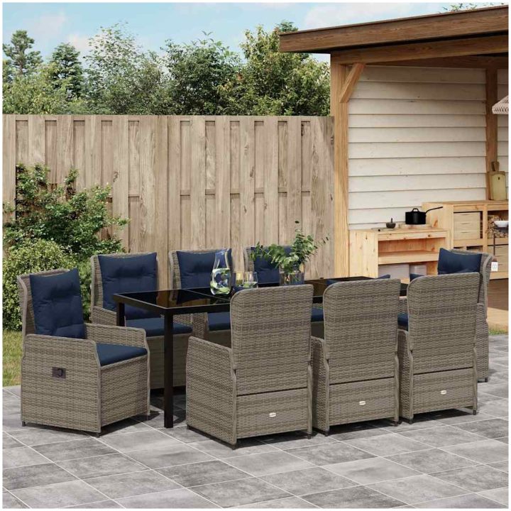 9-delars trädgårdsgrupp, grå, poly-rattan vidaXL 200 x 80 x 73 cm – bild 4