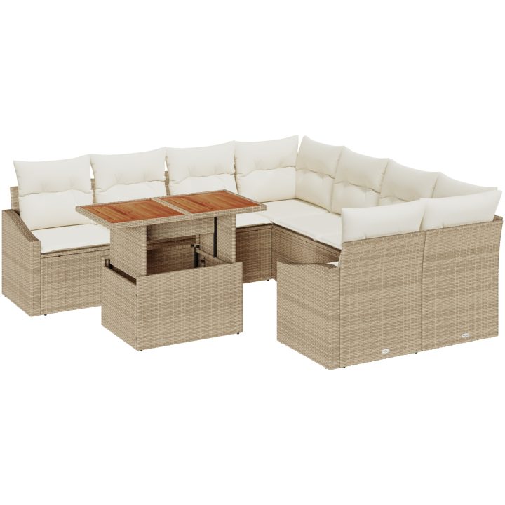 9-delars trädgårdsgrupp med kuddar - beige poly-rattan och akacia. vidaXL 100 x 55 x 73 cm – bild 2