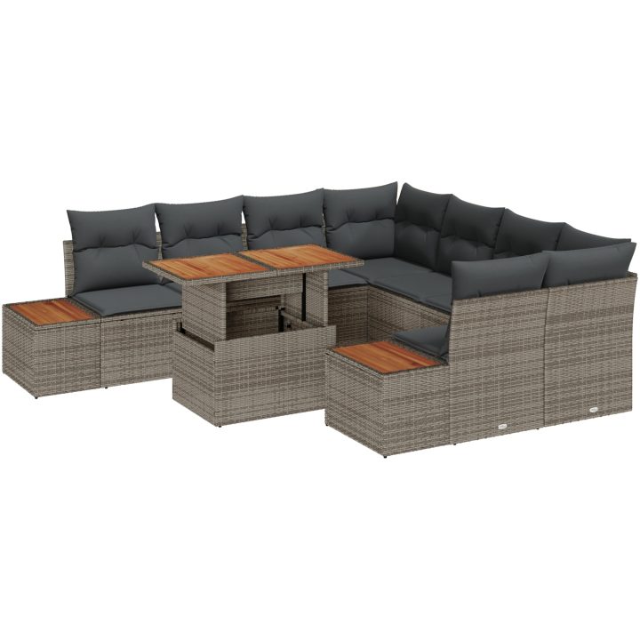 9-delars trädgårdsgrupp med kuddar i grå poly-rattan och akacia vidaXL 100 x 55 x 73 cm – bild 2
