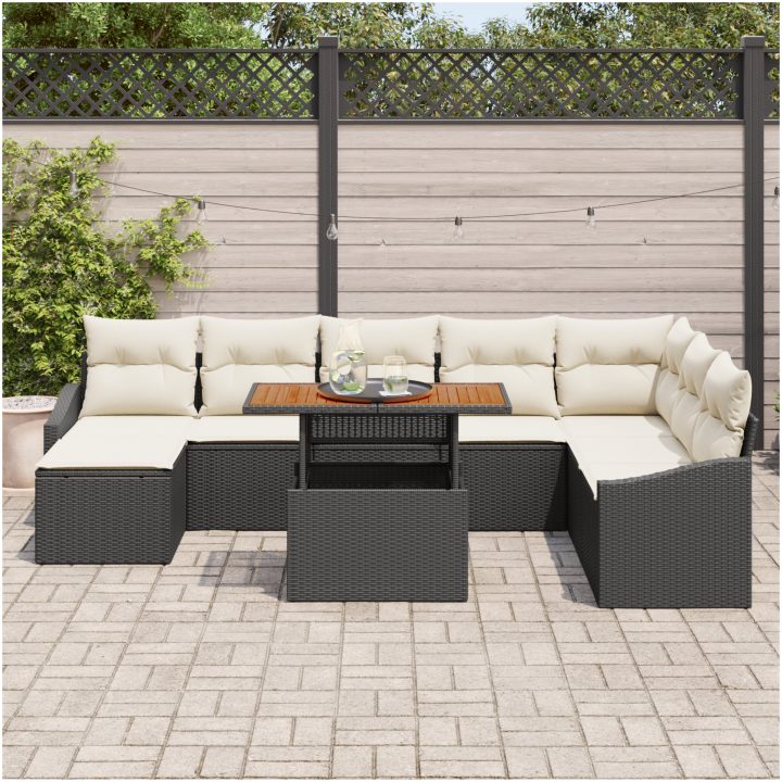 9-delars trädgårdsgrupp med kuddar i svart poly rattan och akacia vidaXL 100 x 55 x 73 cm – bild 3