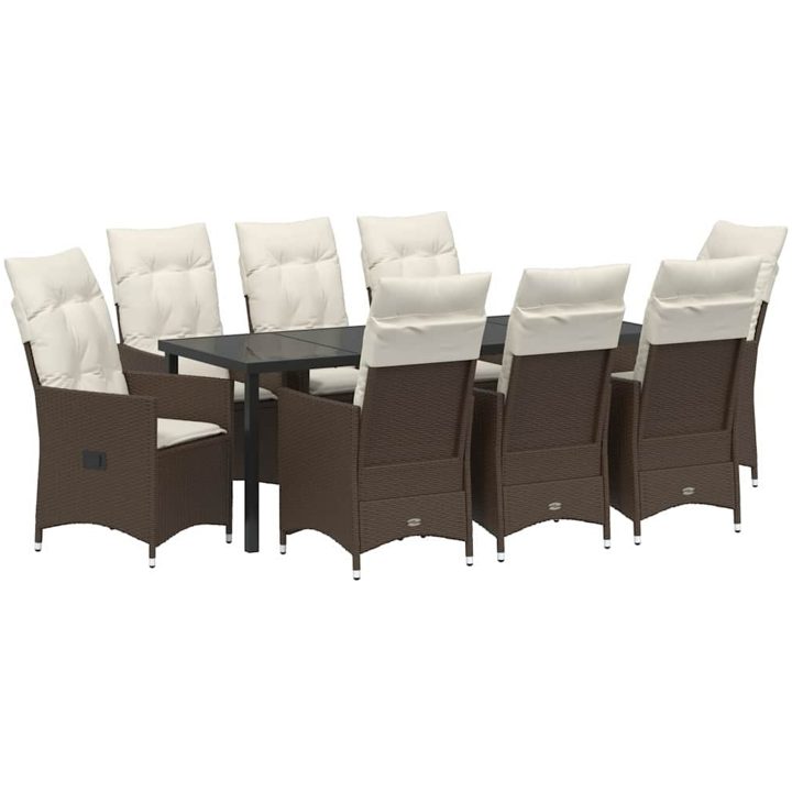 9-delars Trädgårdsmatbord med Kuddar Brun Poly Rattan vidaXL 56 x 59 x 92 cm – bild 2