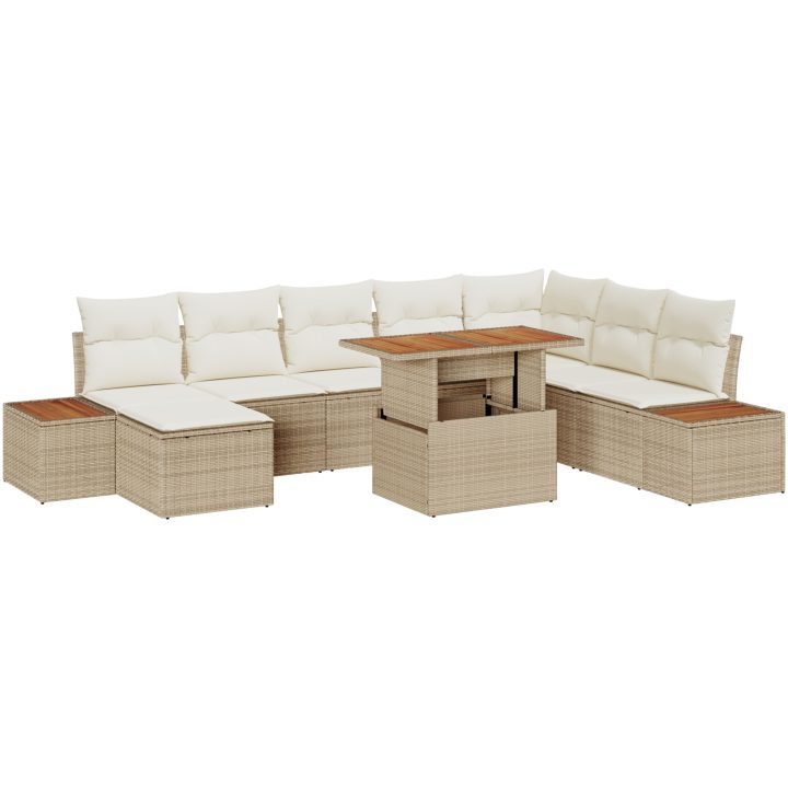 9-delars trädgårdsmatbord med kuddar i beige poly rattan och akacia. vidaXL 100 x 55 x 73 cm – bild 2
