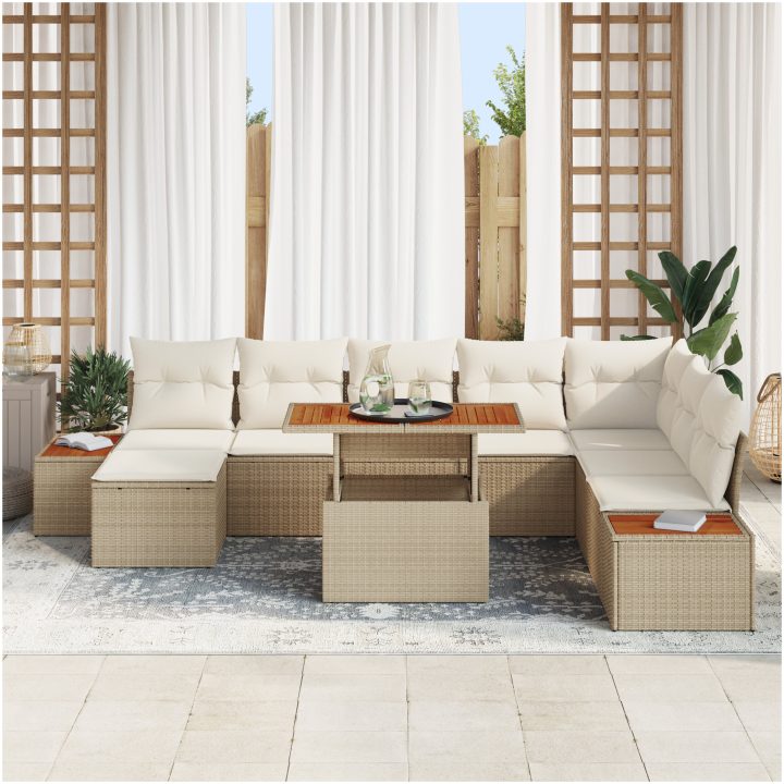 9-delars trädgårdsmatbord med kuddar i beige poly rattan och akacia. vidaXL 100 x 55 x 73 cm – bild 3