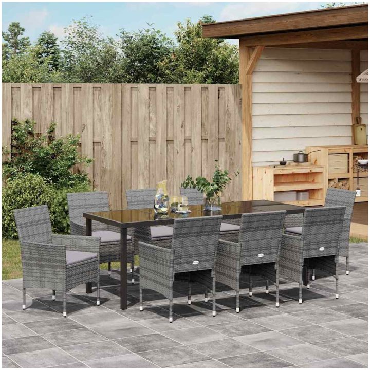 9-delars Trädgårdsmatbord Set Grå Poly Rattan vidaXL 200 x 80 x 73 cm – bild 4