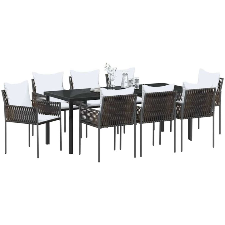 9 Delars Trädgårdsmatbord Set Med Kuddar - Brun, Poly Rattan. vidaXL 200 x 80 x 73 cm – bild 3