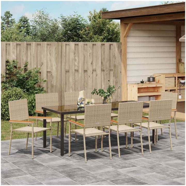 9-delars trädgårdsmatbordset i beige poly rattan vidaXL 200 x 80 x 73 cm – bild 4