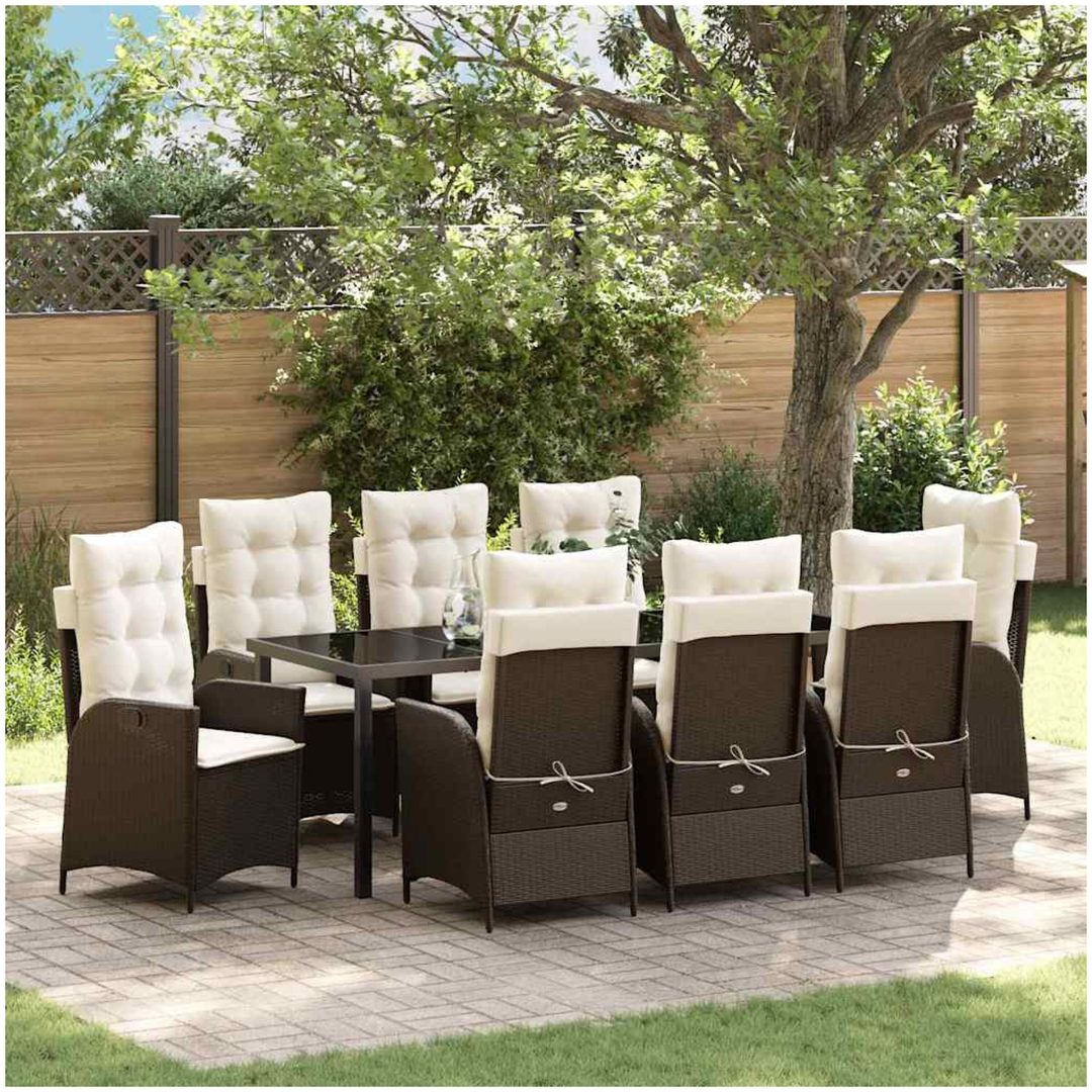 9 Delars Trädgårdsmatbordset med Kuddar - Brun Poly Rattan. vidaXL 200 x 80 x 73 cm