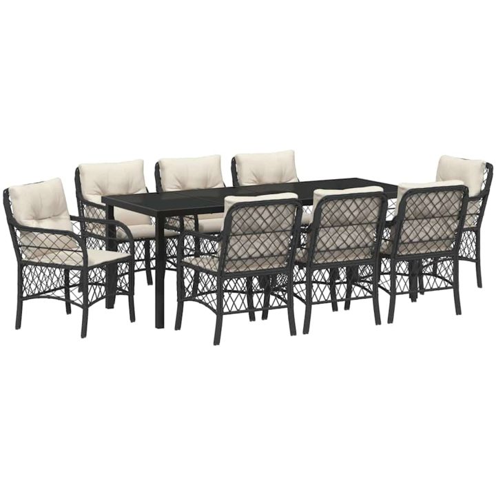 9-delars trädgårdsmatbordset med kuddar, svart poly-rattan. vidaXL 200 x 80 x 73 cm – bild 2