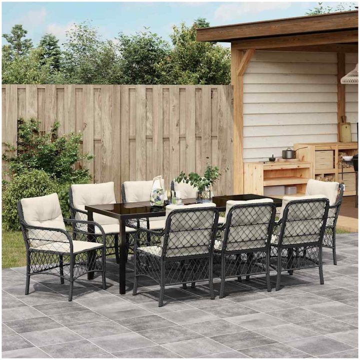 9-delars trädgårdsmatbordset med kuddar, svart poly-rattan. vidaXL 200 x 80 x 73 cm – bild 4