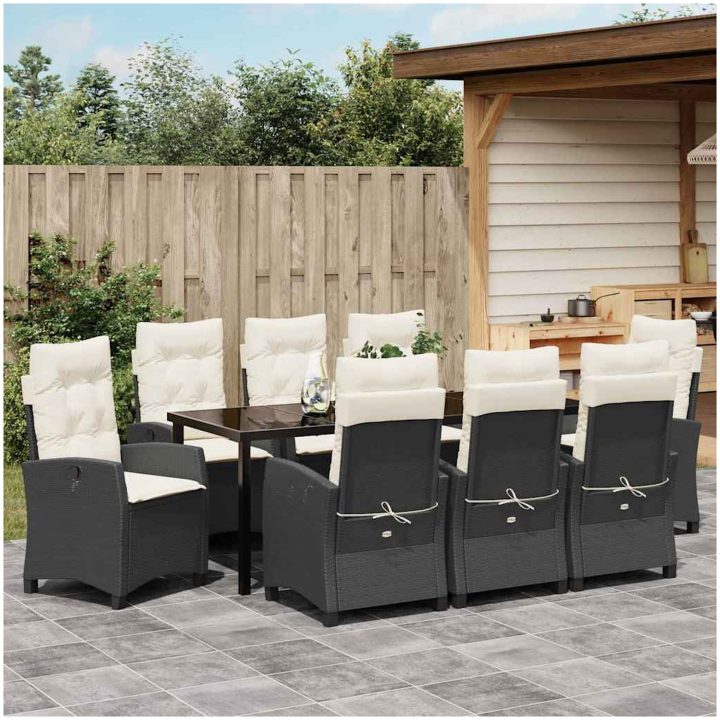 9 Delars Trädgårdsmatbordset Med Kuddar - Svart Poly Rattan vidaXL 200 x 80 x 73 cm – bild 4