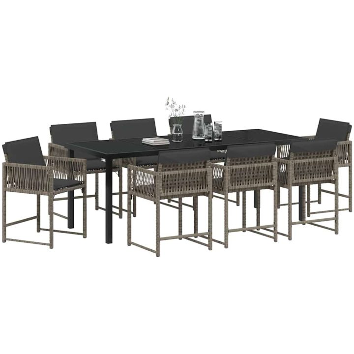 9-delars trädgårdsmatbordsmöbelset med kuddar, grå, poly rattan. vidaXL 200 x 80 x 73 cm – bild 3