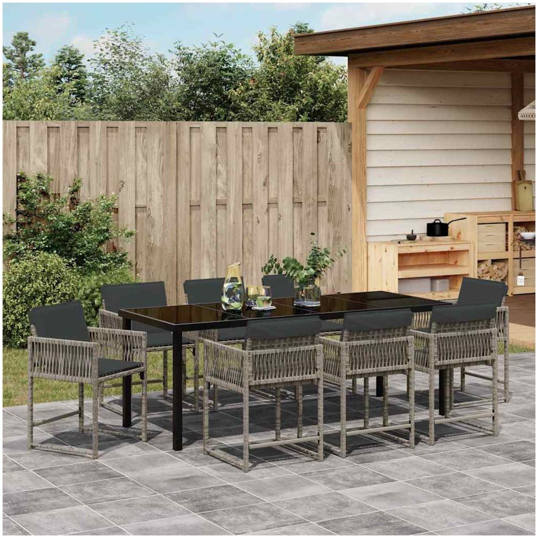 9-delars trädgårdsmatbordsmöbelset med kuddar, grå, poly rattan. vidaXL 200 x 80 x 73 cm – bild 4
