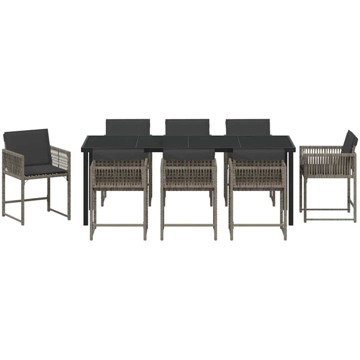 9-delars trädgårdsmatbordsmöbelset med kuddar, grå, poly rattan. vidaXL 200 x 80 x 73 cm – bild 6