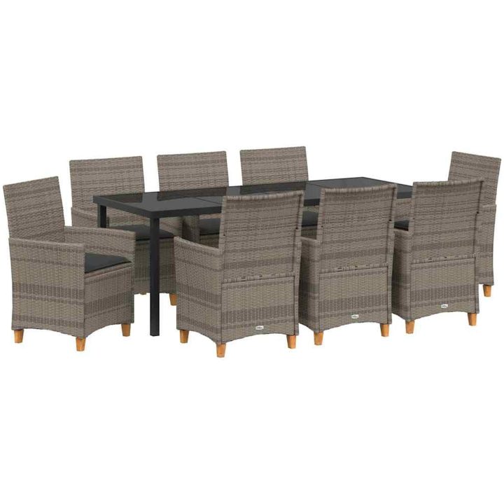 9-delars trädgårdsmatgrupp med kuddar i grå poly-rattan vidaXL 200 x 80 x 73 cm – bild 2