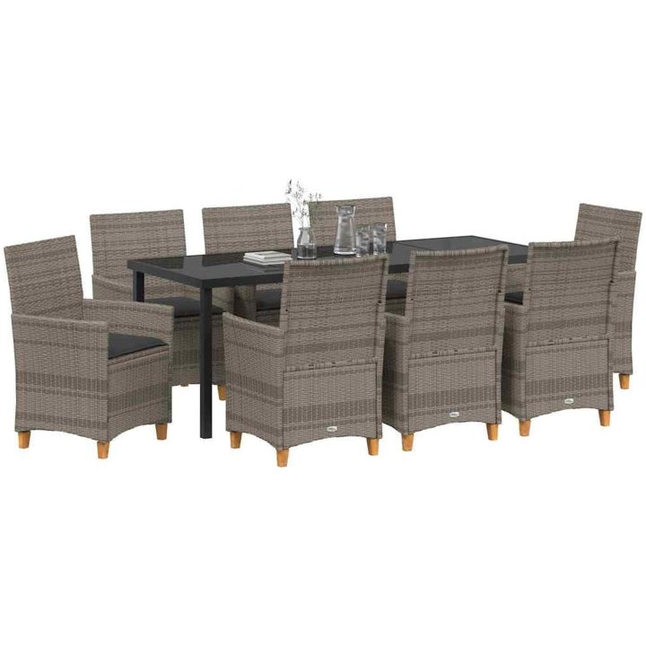 9-delars trädgårdsmatgrupp med kuddar i grå poly-rattan vidaXL 200 x 80 x 73 cm – bild 3