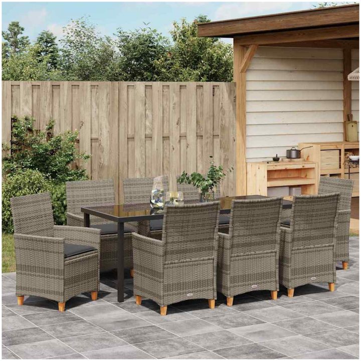 9-delars trädgårdsmatgrupp med kuddar i grå poly-rattan vidaXL 200 x 80 x 73 cm – bild 4