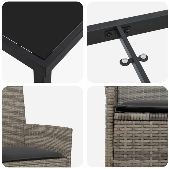 9-delars trädgårdsmatgrupp med kuddar i grå poly-rattan vidaXL 200 x 80 x 73 cm – bild 7