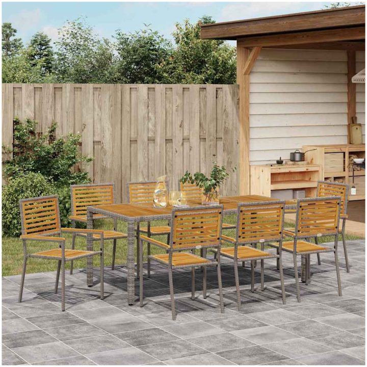 9-delars Trädgårdsmatsals-set Grå Poly Rattan Akacia vidaXL 8 - Sits – bild 4