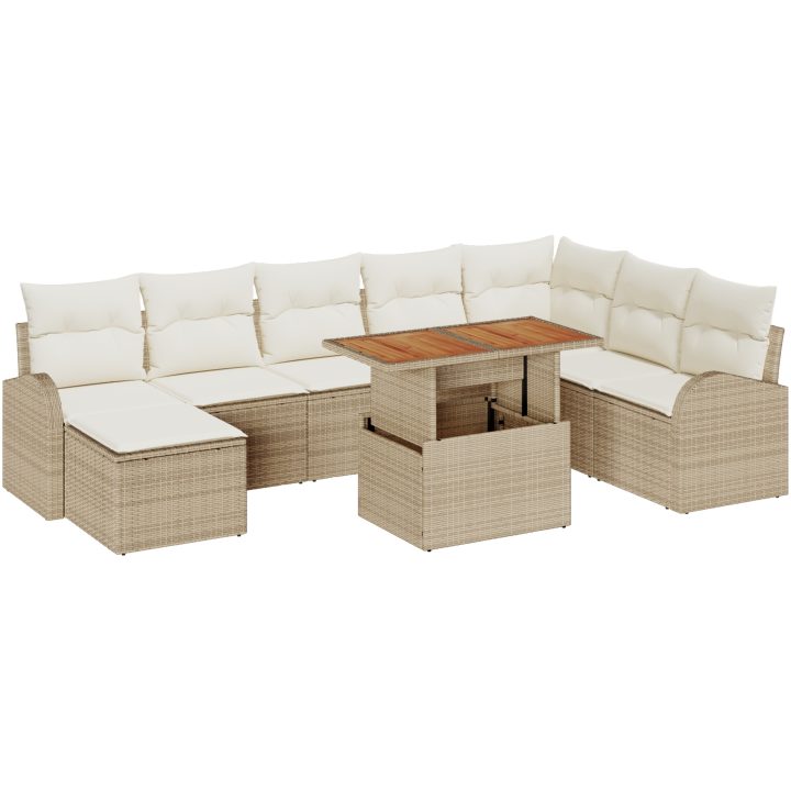 9-delars trädgårdsmatsalset med kuddar beige poly rattan akacia vidaXL 100 x 55 x 73 cm – bild 2