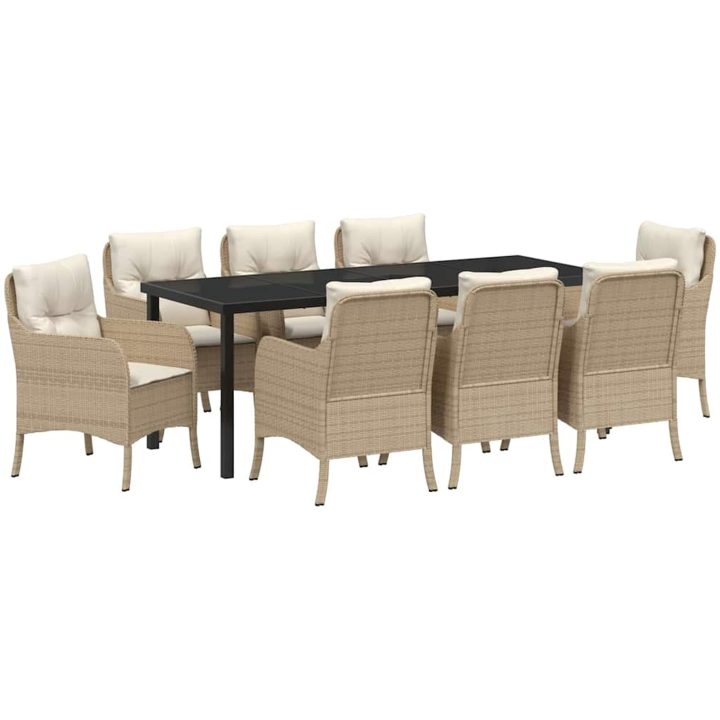 9-delars Trädgårdsmatsalsset med kuddar Beige Poly-konstrotting vidaXL 200 x 80 x 73 cm – bild 2