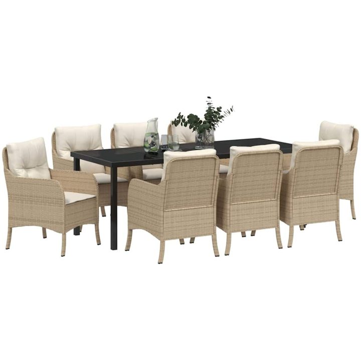 9-delars Trädgårdsmatsalsset med kuddar Beige Poly-konstrotting vidaXL 200 x 80 x 73 cm – bild 3