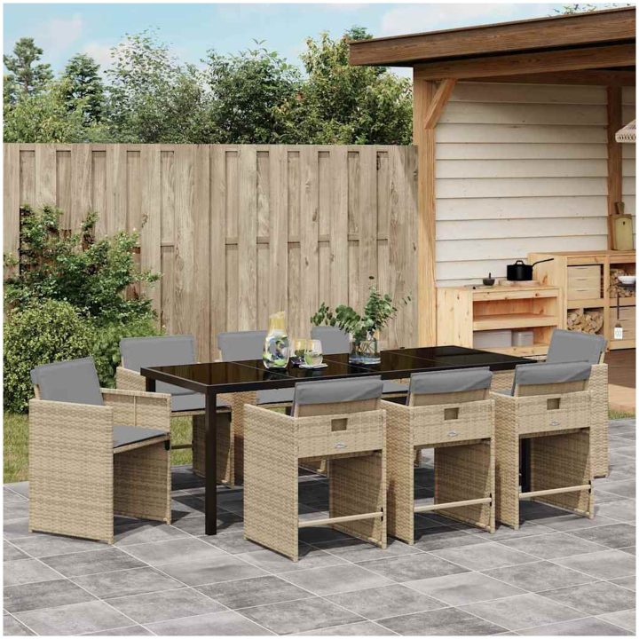 9 Delars Trädgårdsmatsalsset med Kuddar Beige Poly Rattan vidaXL 200 x 80 x 73 cm – bild 4