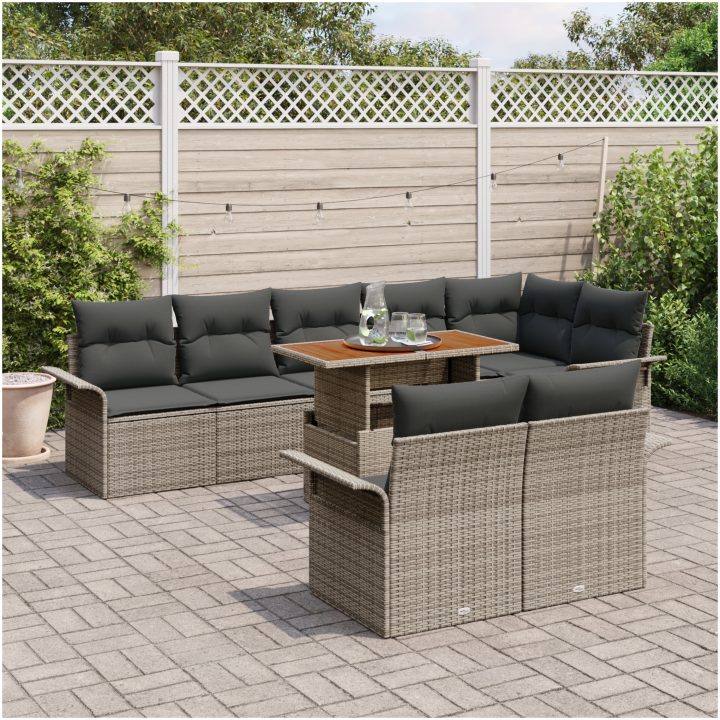 9-delars trädgårdsmatsalsset med kuddar, grå poly-rattan, akacia vidaXL 100 x 55 x 73 cm – bild 3
