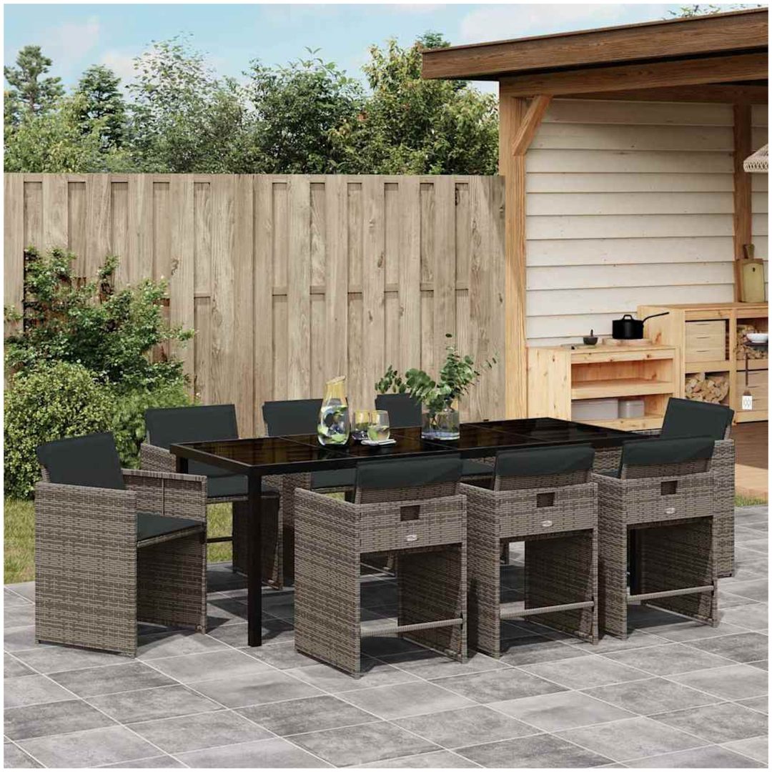 9 Delars Trädgårdsmatsalsset med Kuddar Grå Poly Rattan vidaXL 200 x 80 x 73 cm – bild 4