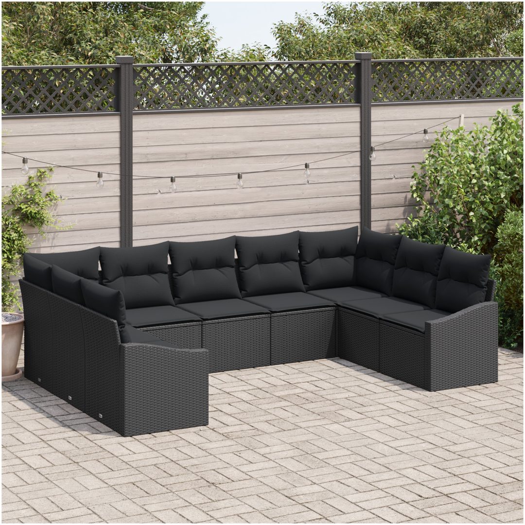 9-delars trädgårdsmatsalsset med kuddar i svart polyrotting vidaXL 289 x 178.5 x 85 cm