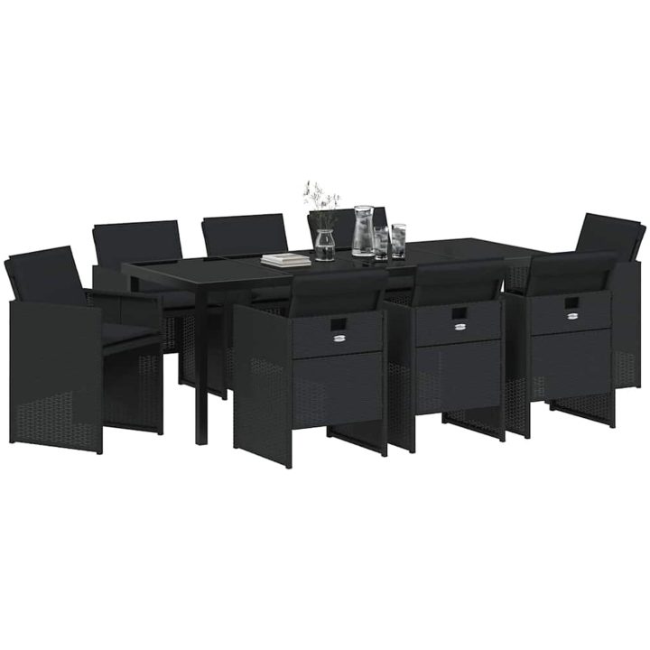 9-delars trädgårdsmatsalsset med kuddar - svart polybambu vidaXL 200 x 80 x 73 cm – bild 3