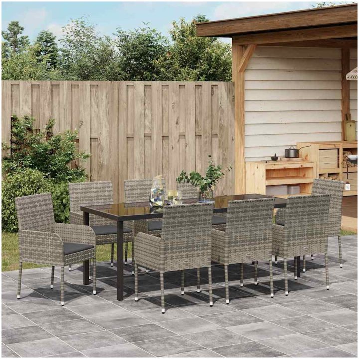 9-delars Trädgårdsmatsats med Kuddar i Grå Poly Rattan vidaXL 200 x 80 x 73 cm – bild 4