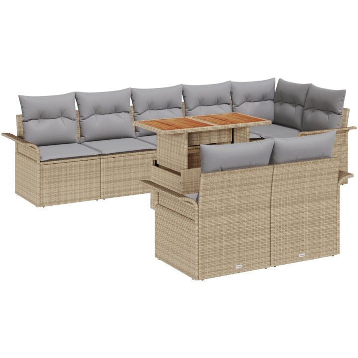 9-delars trädgårdsmatset med kuddar i beige poly rattan och akacia. vidaXL 100 x 55 x 73 cm – bild 2