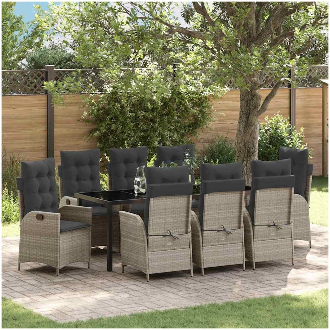 9 Delars Trädgårdsmatset Med Kuddar Ljusgrå Poly Rattan vidaXL 200 x 80 x 73 cm