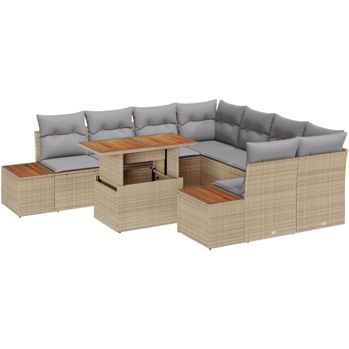 9-delars trädgårdsmöbelset med beige kuddar i polyrotting och akacia vidaXL 100 x 55 x 73 cm – bild 2