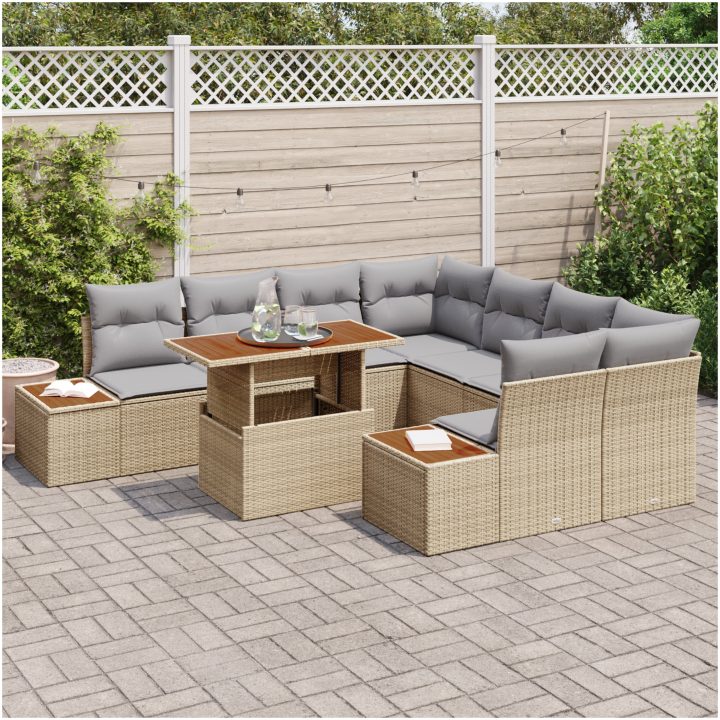 9-delars trädgårdsmöbelset med beige kuddar i polyrotting och akacia vidaXL 100 x 55 x 73 cm – bild 3