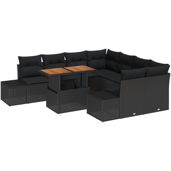 9-delars trädgårdsmöbelset med dynor i svart polyrotting och akacia vidaXL 100 x 55 x 73 cm – bild 2