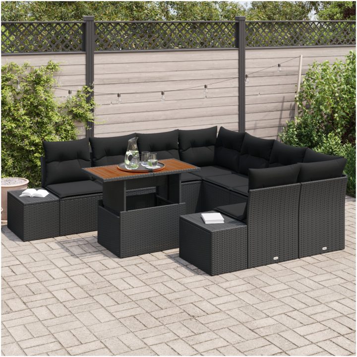 9-delars trädgårdsmöbelset med dynor i svart polyrotting och akacia vidaXL 100 x 55 x 73 cm – bild 3