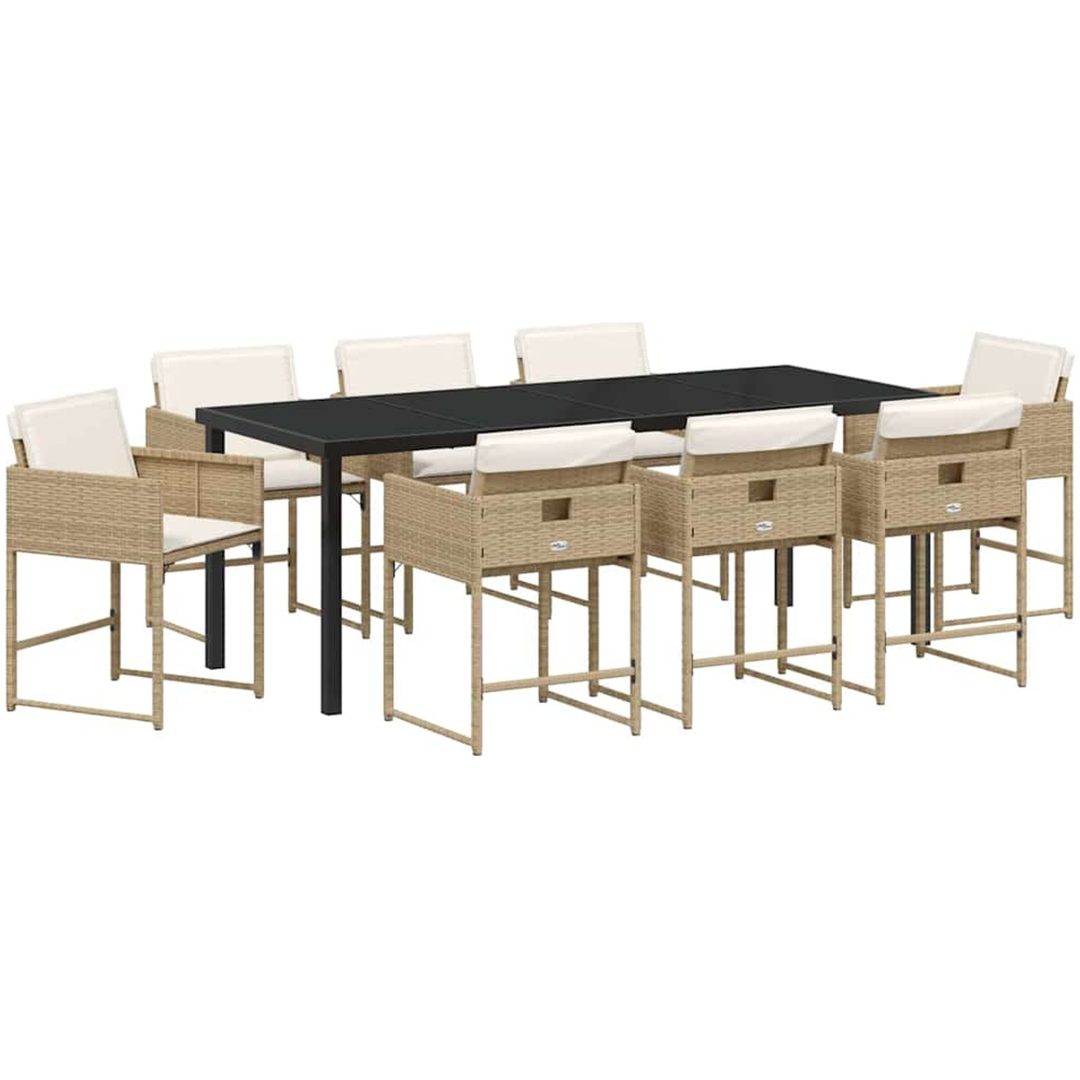 9-delars trädgårdsmöbelset med kuddar - beige poly rattan vidaXL 200 x 80 x 73 cm – bild 2
