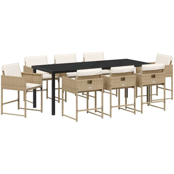 9-delars trädgårdsmöbelset med kuddar - beige poly rattan vidaXL 200 x 80 x 73 cm – bild 2
