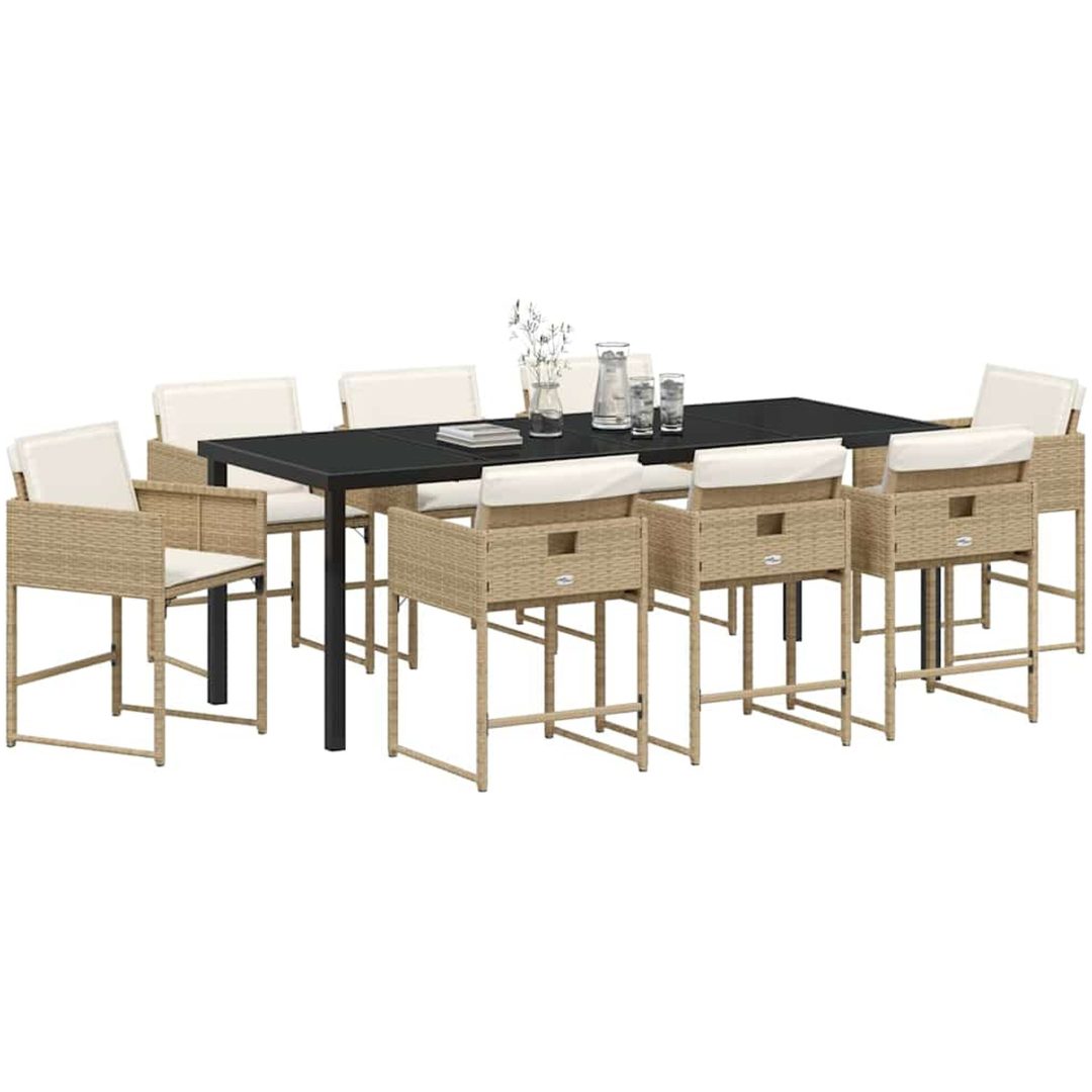 9-delars trädgårdsmöbelset med kuddar - beige poly rattan vidaXL 200 x 80 x 73 cm – bild 3
