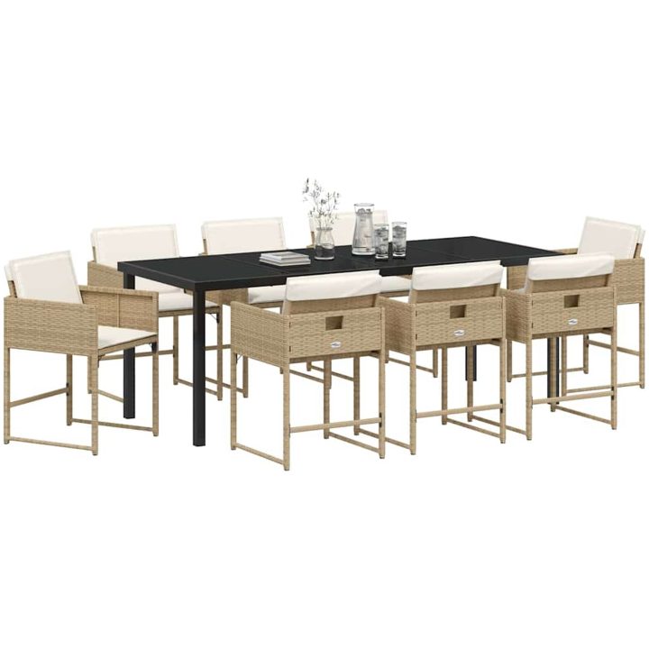 9-delars trädgårdsmöbelset med kuddar - beige poly rattan vidaXL 200 x 80 x 73 cm – bild 3