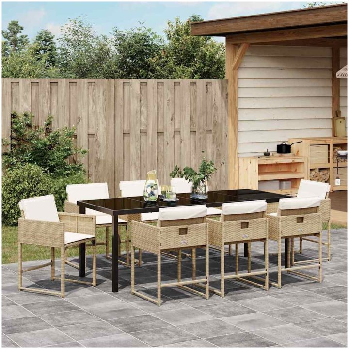 9-delars trädgårdsmöbelset med kuddar - beige poly rattan vidaXL 200 x 80 x 73 cm – bild 4