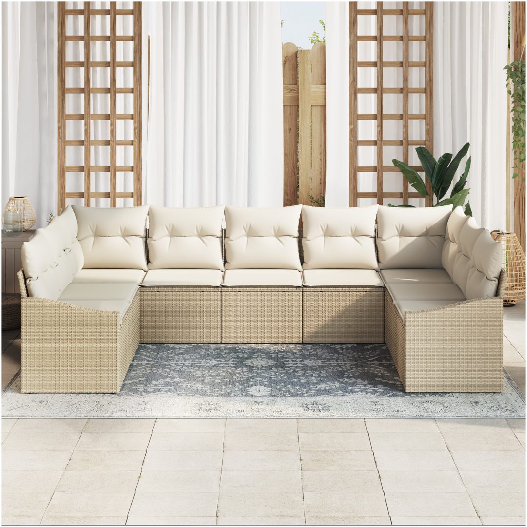 9-delars trädgårdsmöbelset med kuddar - beige poly-rattan vidaXL 289 x 178.5 x 85 cm – bild 3
