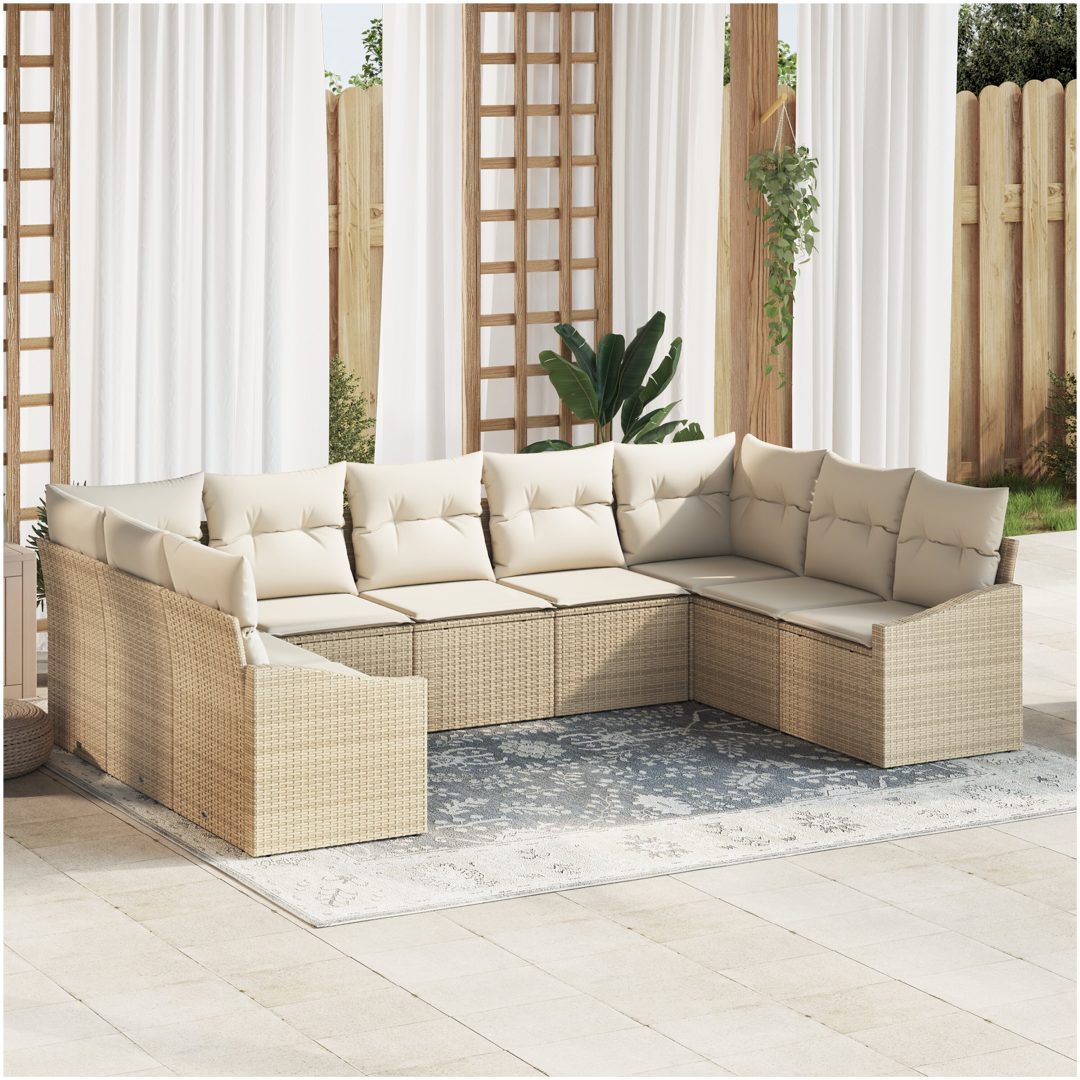 9-delars trädgårdsmöbelset med kuddar - beige poly-rattan vidaXL 289 x 178.5 x 85 cm