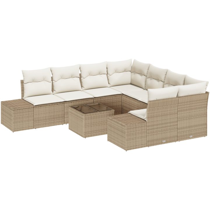 9-delars trädgårdsmöbelset med kuddar Beige Poly Rattan vidaXL 55 x 55 x 37 cm – bild 2
