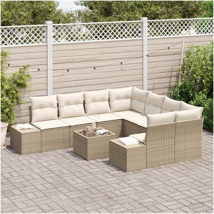 9-delars trädgårdsmöbelset med kuddar Beige Poly Rattan vidaXL 55 x 55 x 37 cm – bild 3