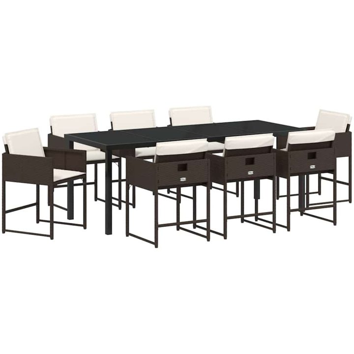 9-delars trädgårdsmöbelset med kuddar, brunt poly-rattan. vidaXL 200 x 80 x 73 cm – bild 2