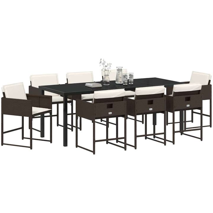 9-delars trädgårdsmöbelset med kuddar, brunt poly-rattan. vidaXL 200 x 80 x 73 cm – bild 3